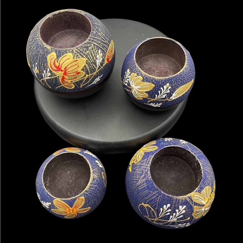 Floral Tea Light Wooden Votive Holders 4 Pcs Hand Painted Asian Inspired - Picture 3 of 10